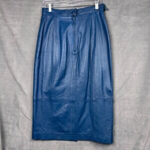 Vintage Lillie Rubin Blue Leather Midi Pencil Skirt High Waisted Size 10 80s 90s